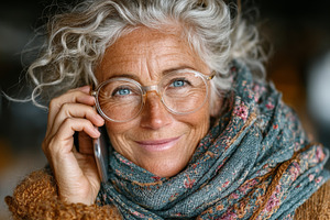 Senior woman smiling while talking on phone, cozy close up portrait with glasse, a Photo by AS photostudio