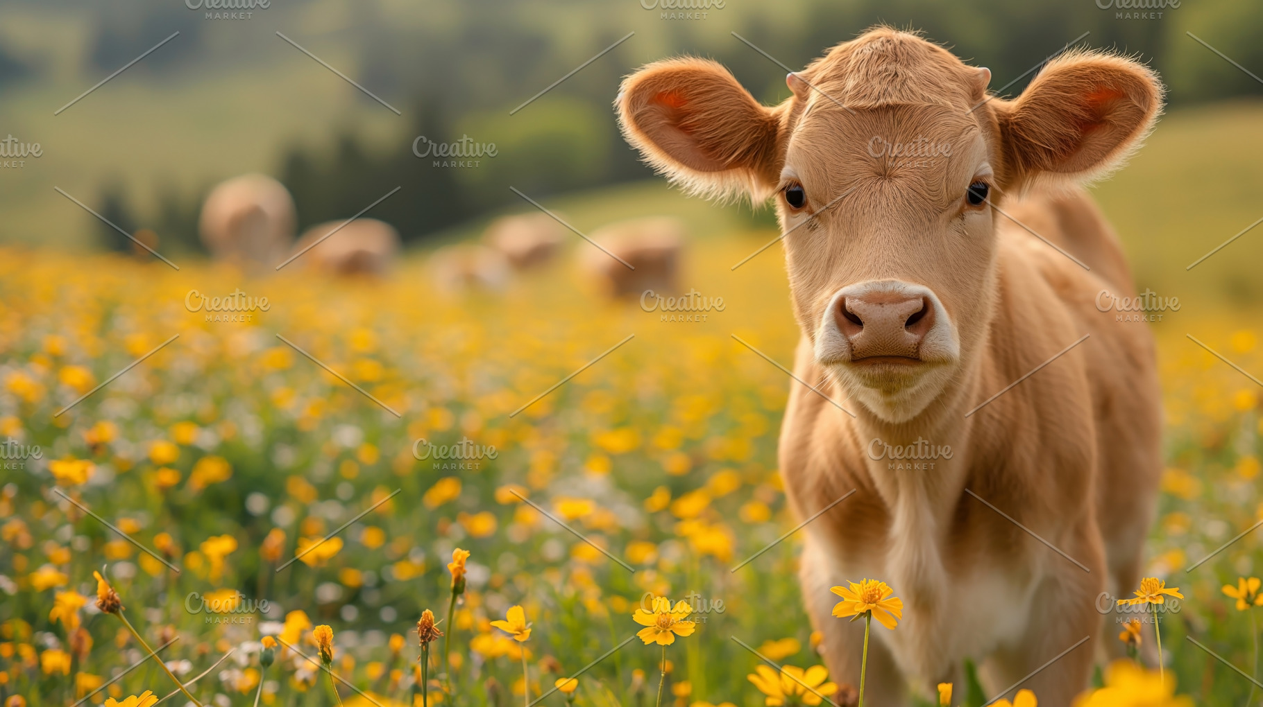 A curious young calf stands amidst a vibrant field of yellow wildflowers, embod, an Animal Photo by ImageMir