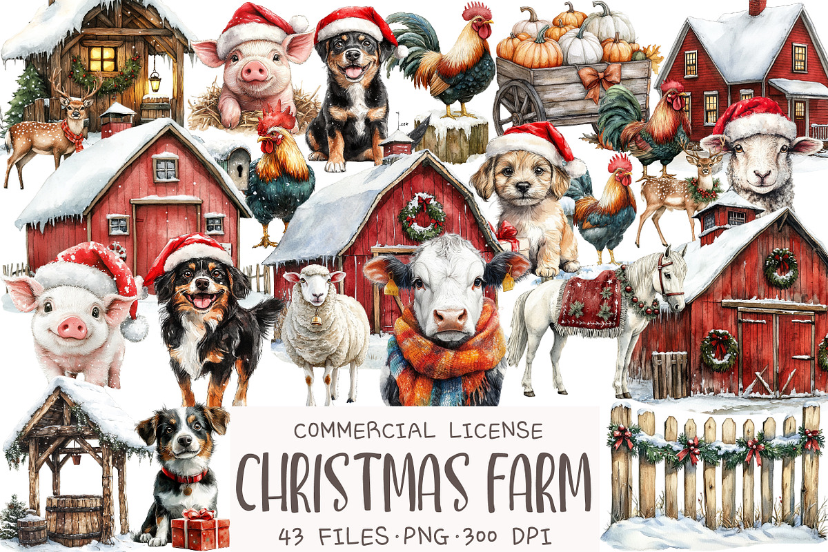 Christmas Farm Watercolor Clipart, an Illustration by OK Design (Photo 1 of 5)