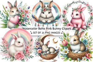 Watercolor Boho Pink Bunny Clipart, an Illustration by DreamPrint404