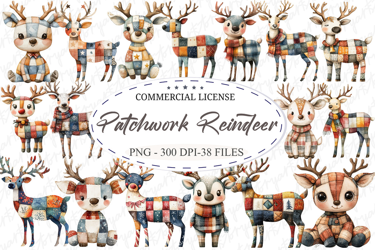 Whimsical Patchwork Reindeer Clipart, an Illustration by designcity5 (Photo 1 of 5)