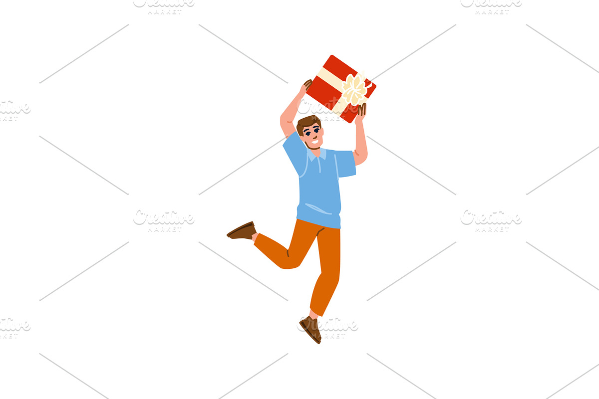 Happy man jumping and holding gift, an Object Illustration by pikepicture