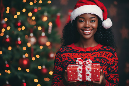 Cute young american woman in christmas sweater and santa hat holding in hands g, a Holiday Photo by AlyaAnd