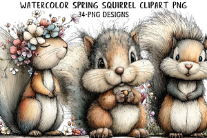 Watercolor Spring Squirrel Clipart, an Illustration by Daily.Designs