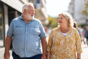 A happy overweight older couple strolls through the city, a Person Photo by AlyaAnd