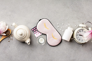 Healthy Sleep Routine Concept with Silk Mask, Herbal Tea and Ala, a Health & Medical Photo by Natalia Klenova's Shop