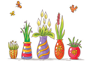 Colorful Vases With Flowers In A Row