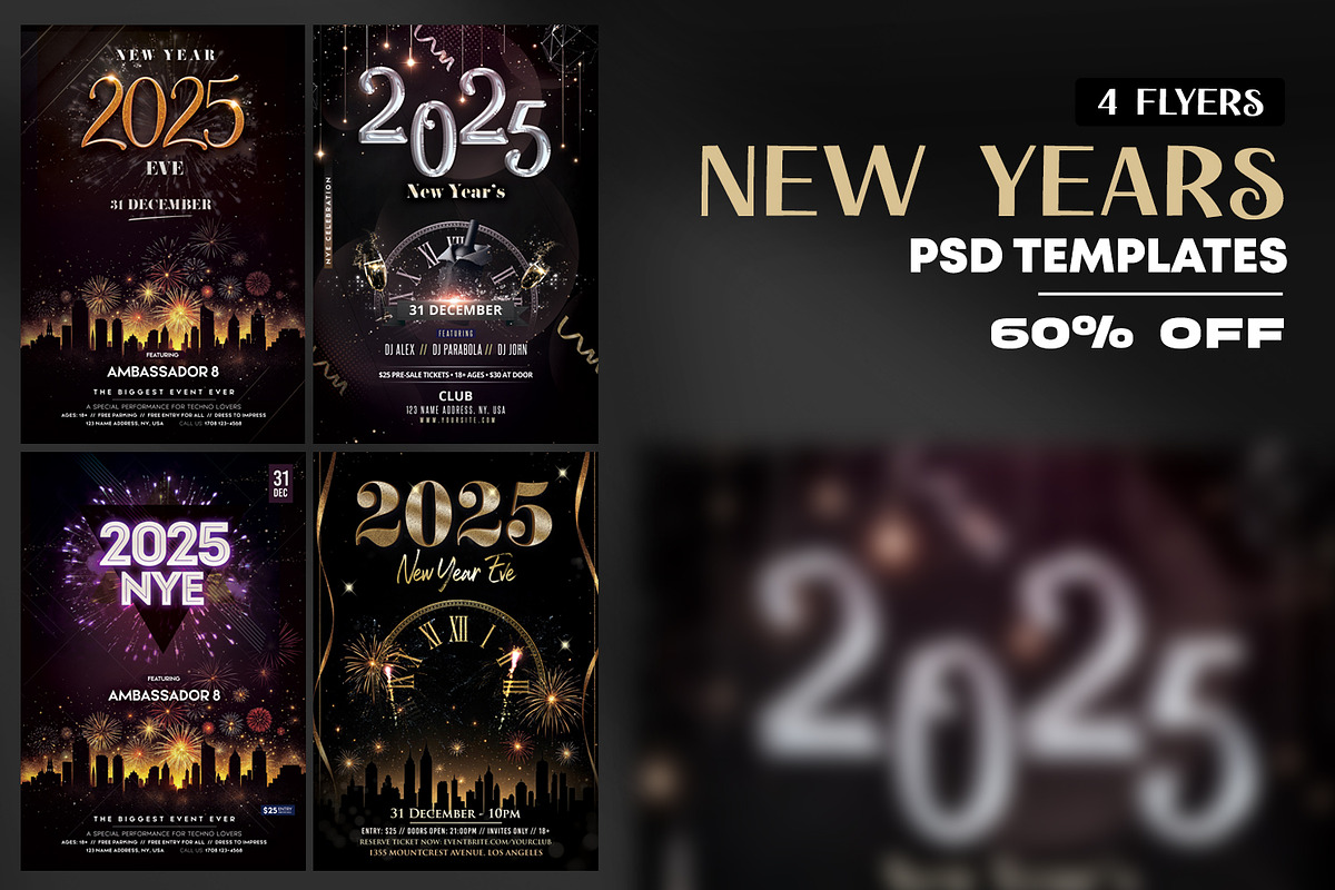 2025 New Year - 4 Flyer Templates, a Flyer Template by PixelsDesign (Photo 1 of 3)