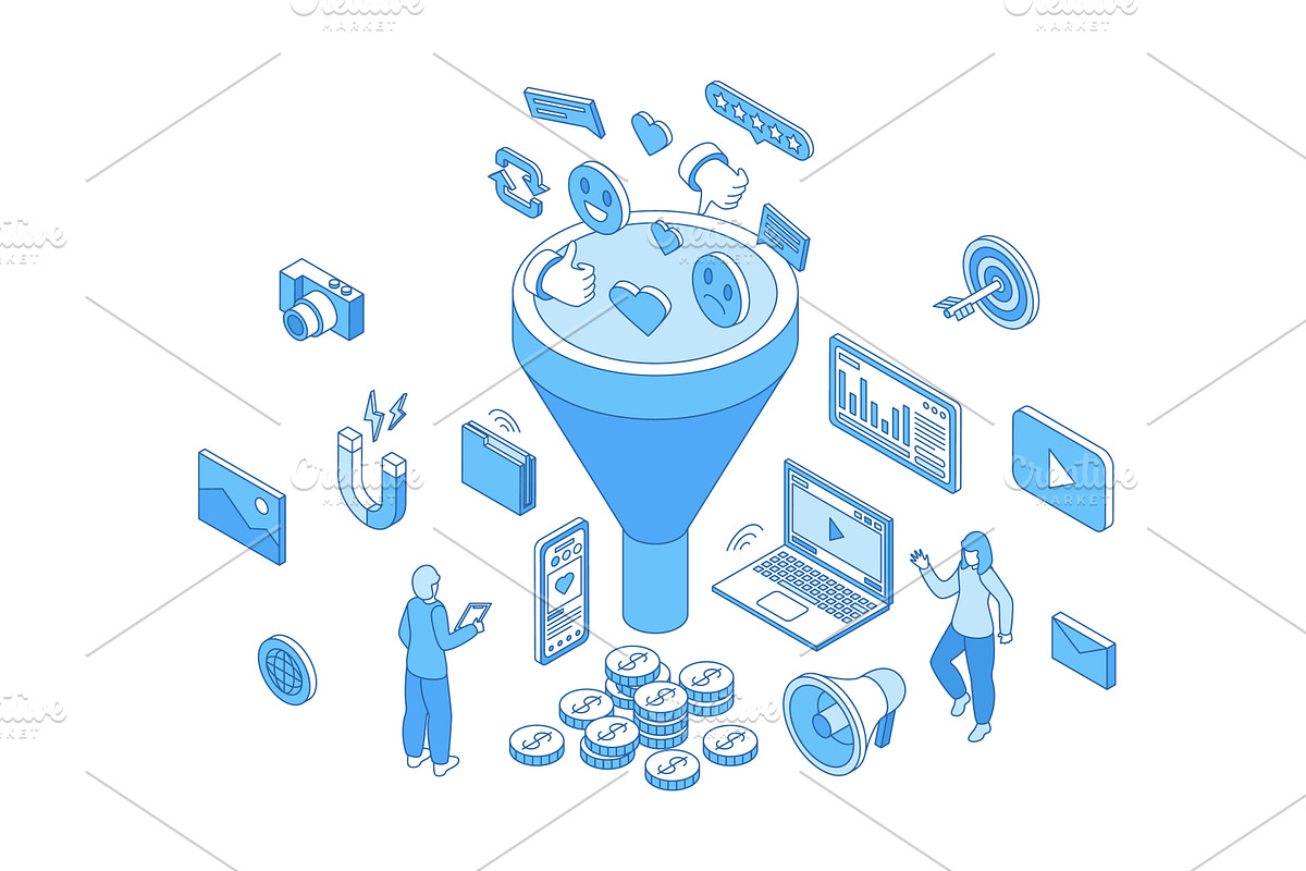 Isometric social media funnel, a Technology Illustration by Valerie Bodnar