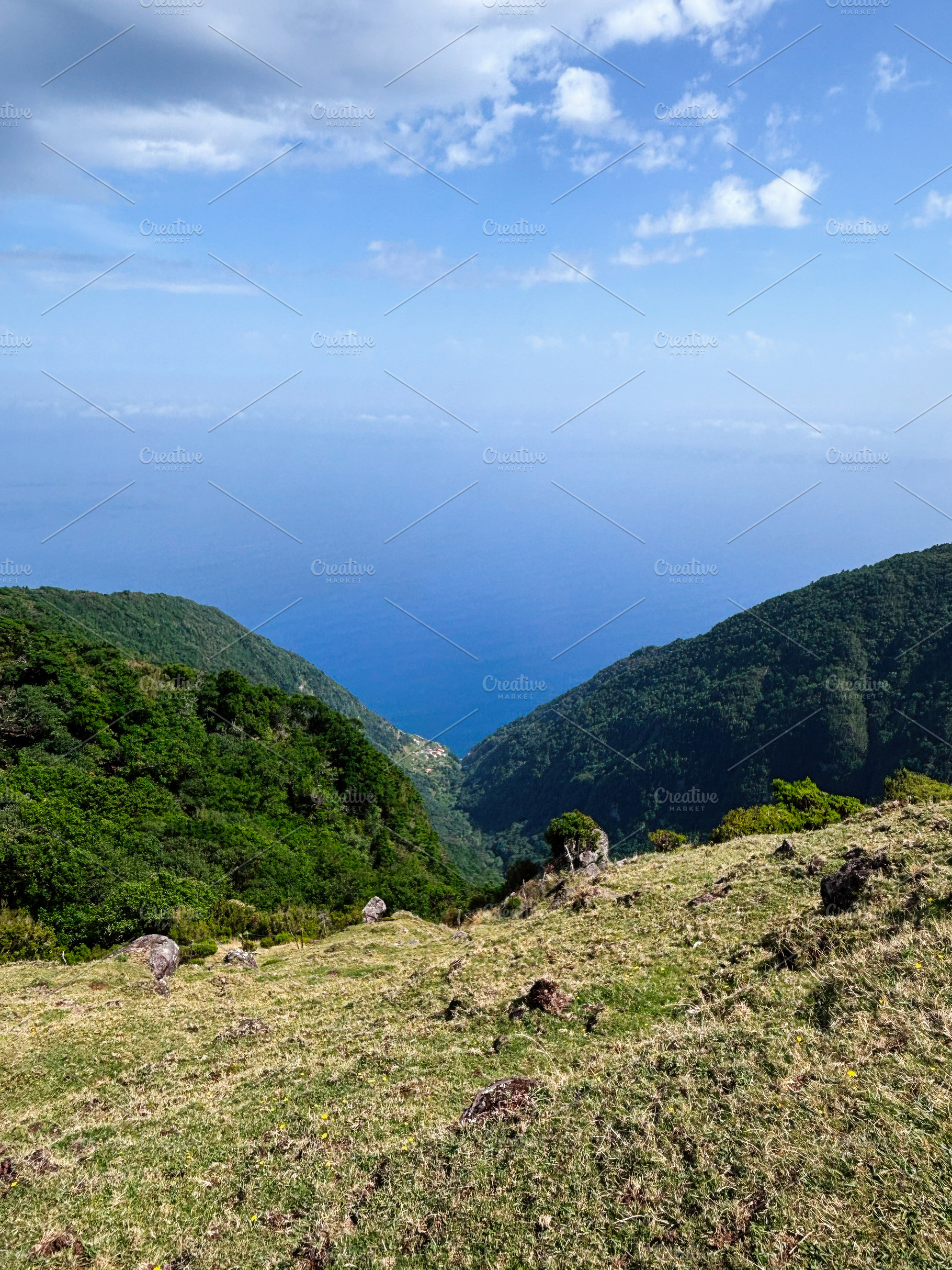 Scenic view over green Levada Nova hills into the blue Atlantic from Madeira Po, a Photo by AS photostudio