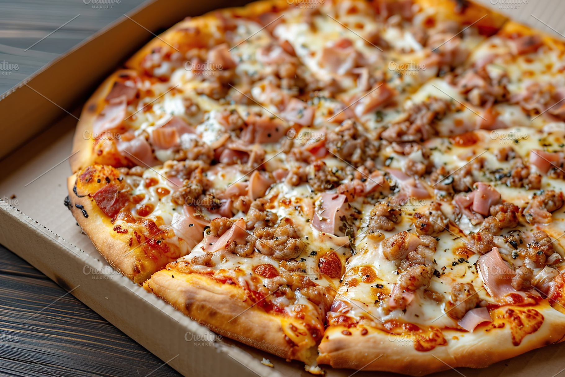 Fresh homemade pizza with cheese and meat in cardboard box, a Food & Drink Photo by AlyaAnd