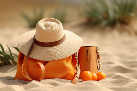 Summer hat with bag and orange fruit on the beach sand, a Beauty & Fashion Photo by AlyaAnd