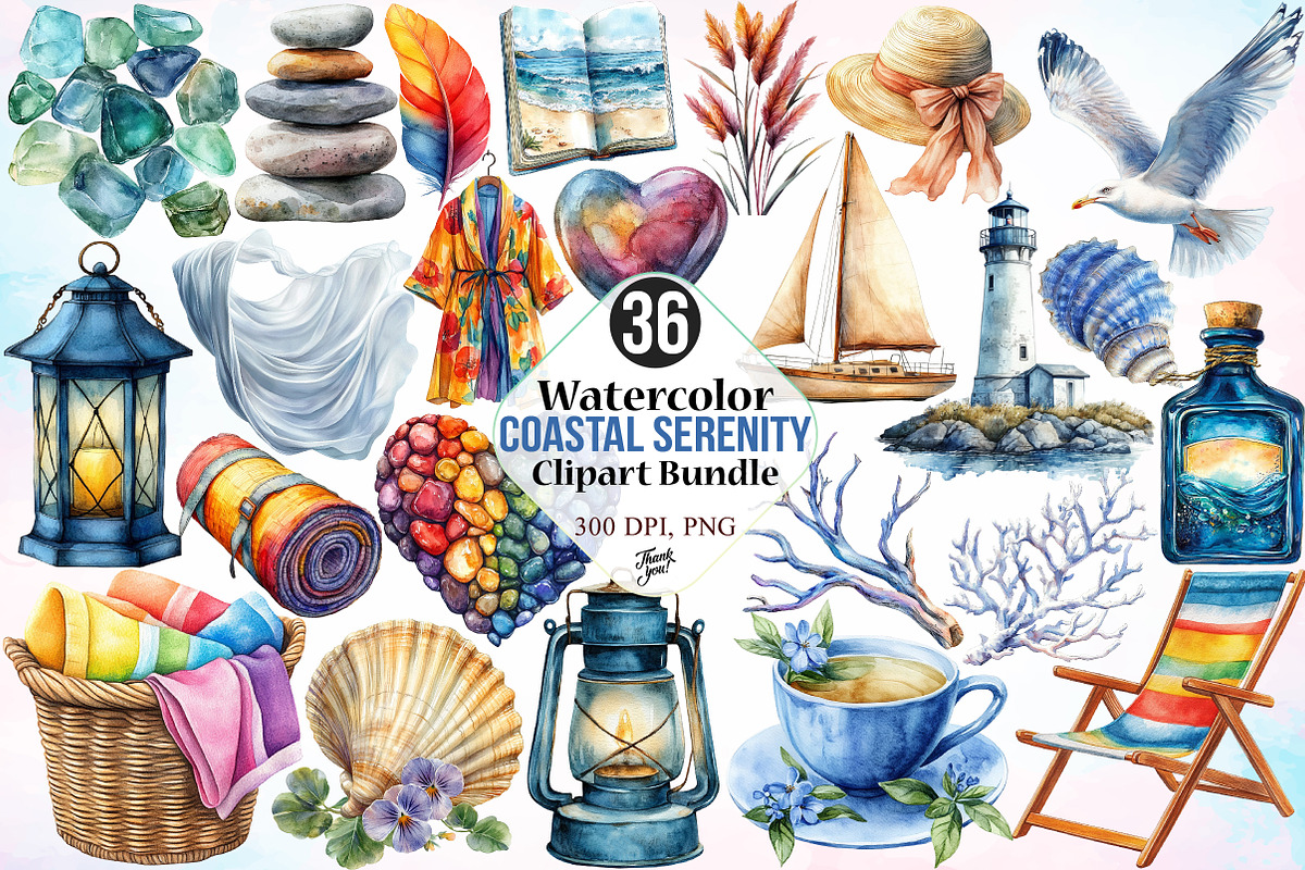 Watercolor Coastal Serenity Clipart, a Seasonal Illustration by Canvas Craft (Photo 1 of 3)