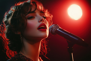 Portrait of a opera singer young woman singing into a microphone, illuminated b, a Person Photo by Textures & Backgrounds