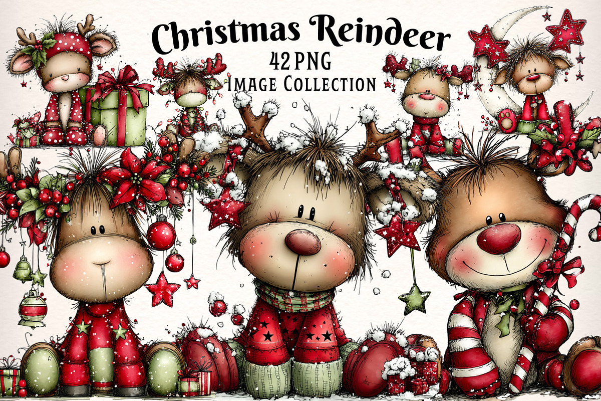 Christmas Cute Reindeer Clipart, an Illustration by Dream Creation (Photo 1 of 8)