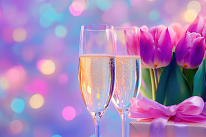 Champagne glasses on blurred lights background, Valentine's Day, a Photo by AlyaAnd
