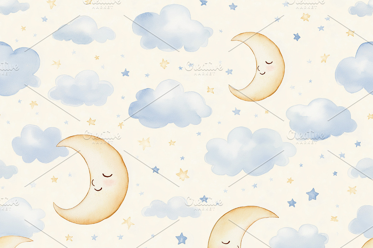 Seamless pattern, watercolor sleeping moons and blue clouds seam, a Pattern Graphic by Studio ANNA