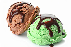 mint and chocolate ice cream scoop over white, a Photo by WorldOfPhotos
