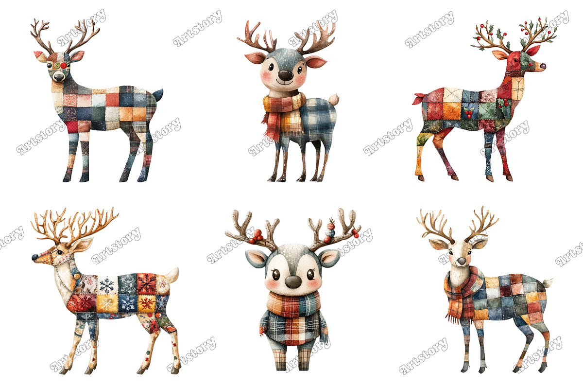 Whimsical Patchwork Reindeer Clipart, an Illustration by designcity5 (Photo 2 of 5)