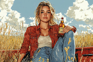 Young woman relaxing in wheat field with a drink under sunny sky, an Illustration by AS photostudio
