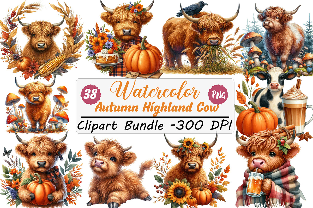 Watercolor Autumn Highland Cow PNG, an Illustration by DreamCafeArt (Photo 1 of 6)