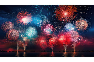 vibrant red and blue fireworks ai, a Holiday Photo by pikepicture