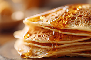Stack of pancakes with syrup, a Food & Drink Photo by AlyaAnd
