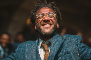 Smiling man in glasses celebrating outdoors in vibrant joyful atmosphere, a Person Photo by AS photostudio