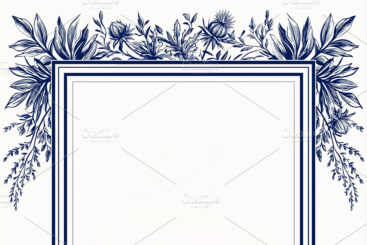 Elegant botanical frame featuring detailed indigo blue foliage and flowers, for, an Illustration by Studio ANNA