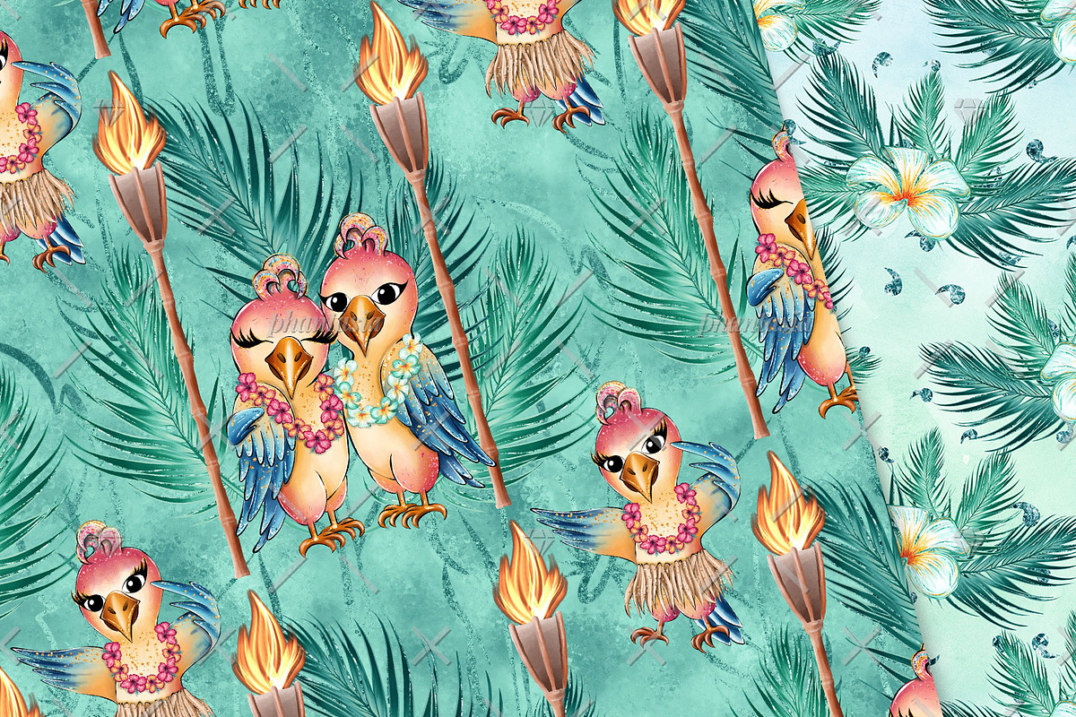 Cute Parrots Digital Papers, a Pattern Graphic by Phantasia Design (Photo 2 of 7)
