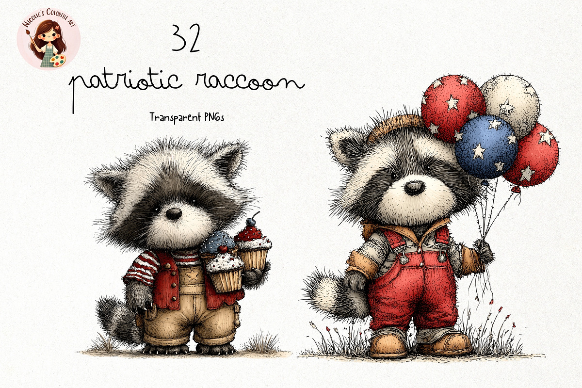 Patriotic Raccoon Watercolor Clipart, a Seasonal Illustration by Nicolle's Colorful Art (Photo 1 of 4)