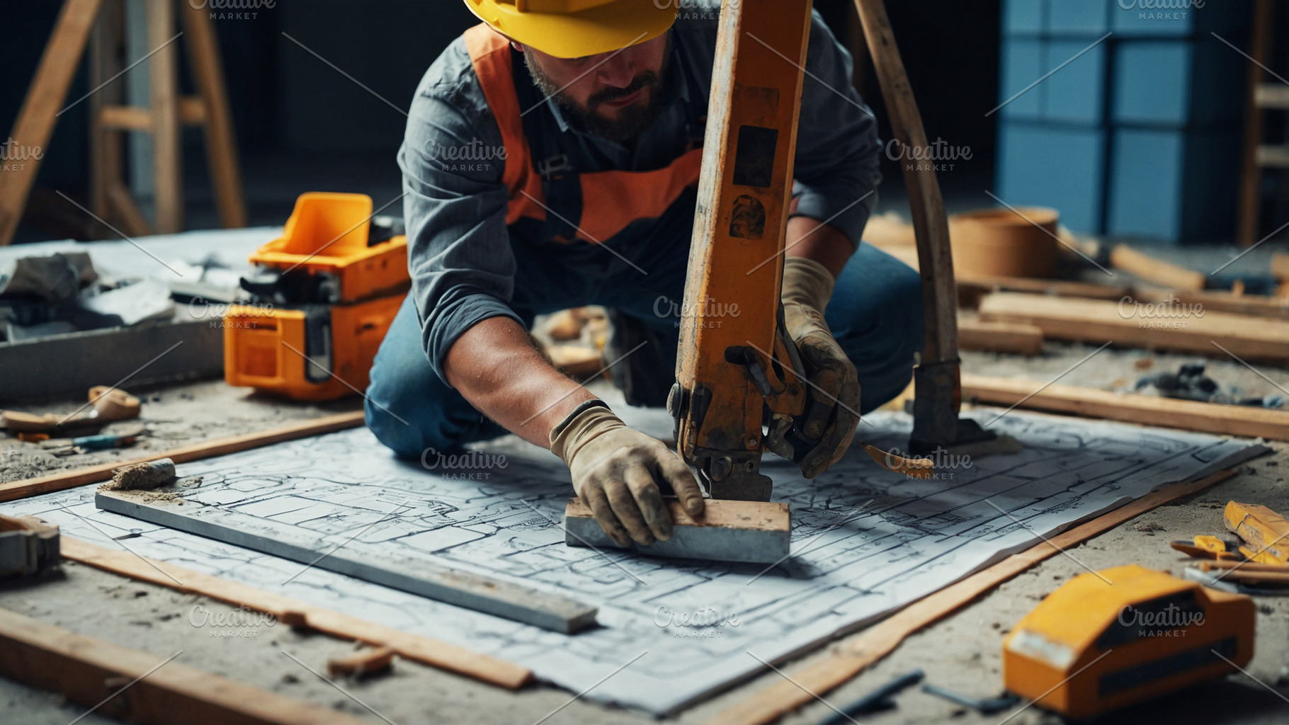 Construction Worker Marking Blueprin, an Industrial Photo by Stock Shape