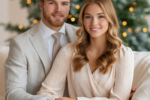 Young couple smiling, sitting on a sofa with Christmas tree ligh, a Person Photo by Studio ANNA