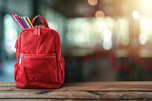 Modern school backpack on blurred classroom background. Back To, a School & Education Photo by AlyaAnd