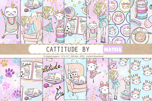 CATTITUDE digital papers, a Pattern Graphic by Masha  Studio