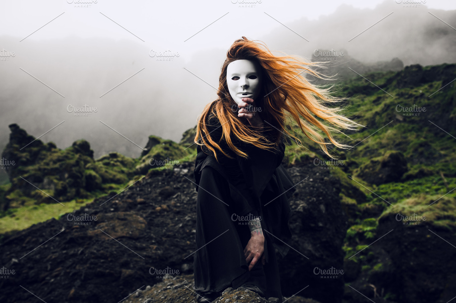 Woman in mask featuring black, ocean, and beach in iceland, a Person Photo by Graphics, Presets, Photos