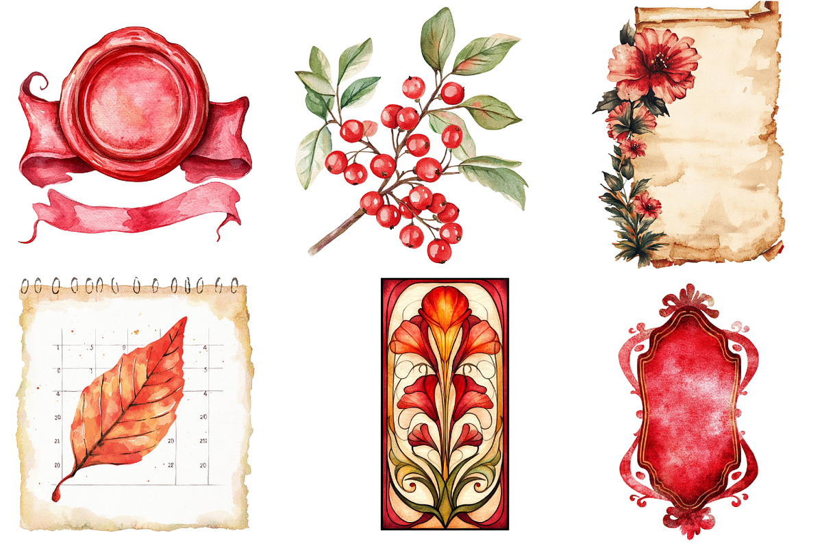 Red Vintage Fall Ephemera Clipart, an Illustration by Watercolor design (Photo 3 of 4)