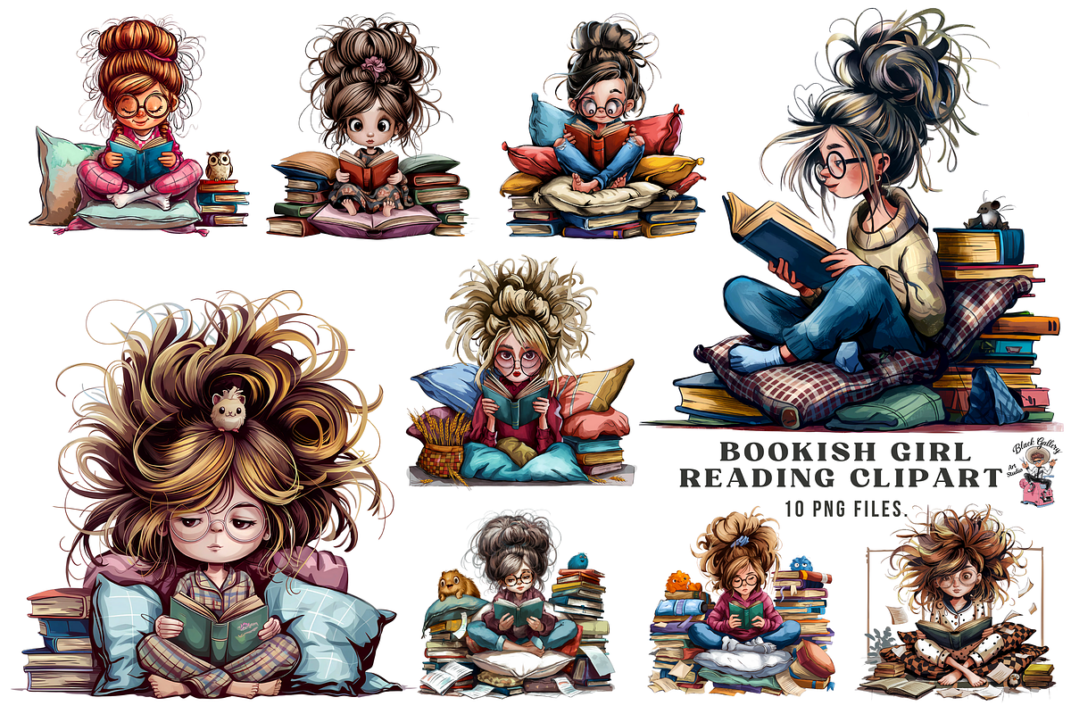 Bookish Girl Reading Clipart Bundle, a Graphic by Clipart Bloom (Photo 1 of 10)