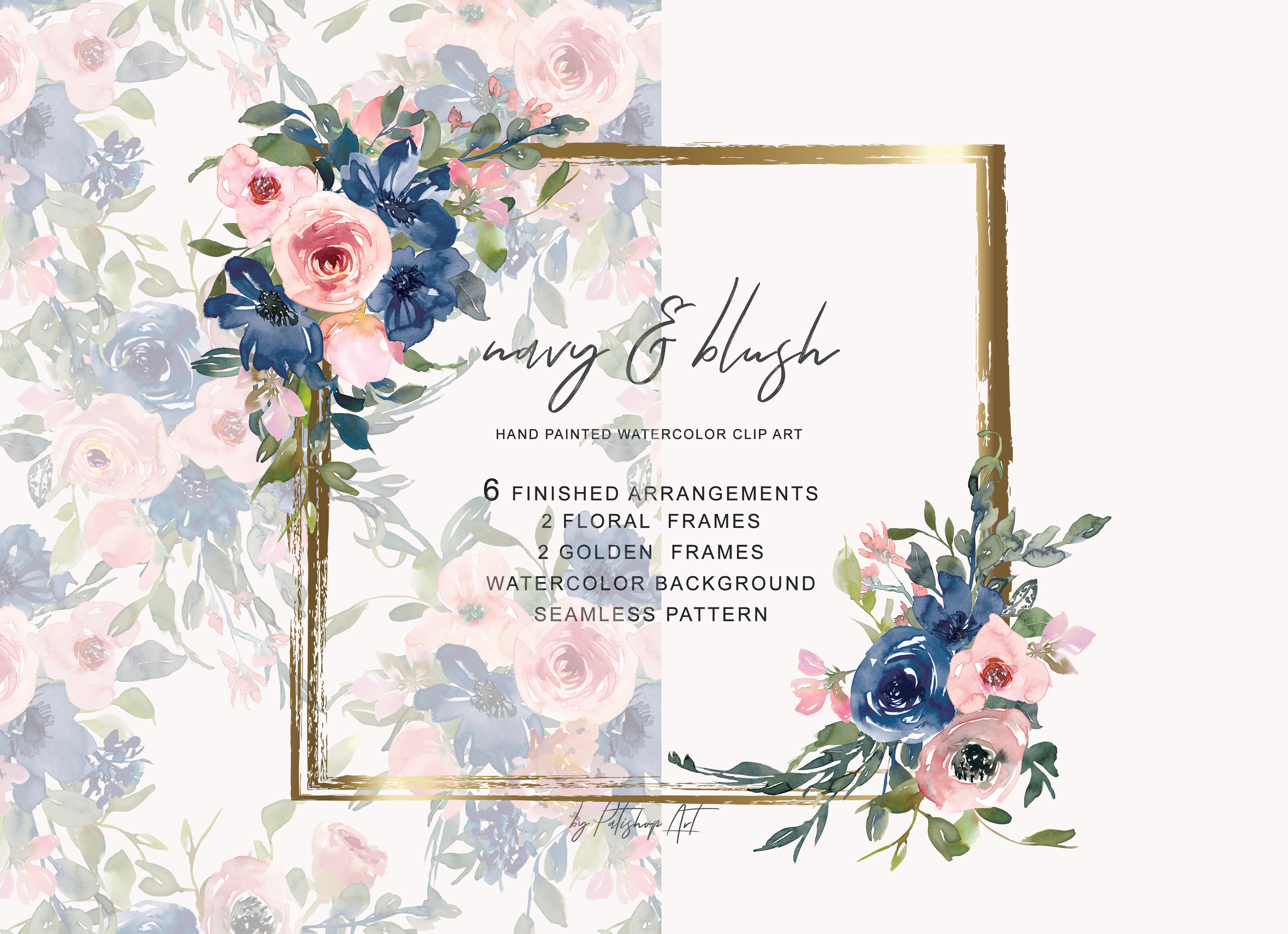 Watercolor Navy and Blush Floral Bou, an Illustration by Patishop Art