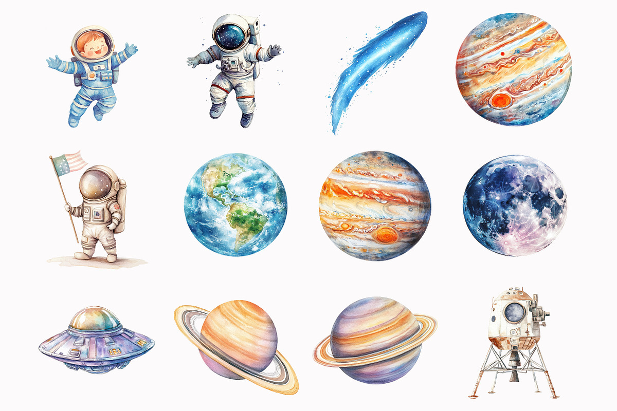 Watercolor Astronaut Clipart Set, an Illustration by Design Market (Photo 2 of 5)