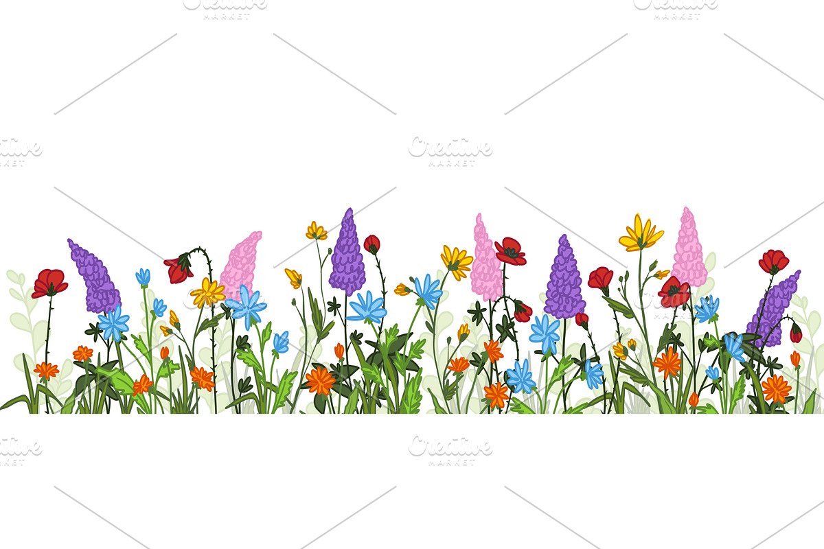 Spring wild flowers border, red, an Object Illustration by art PVP - market