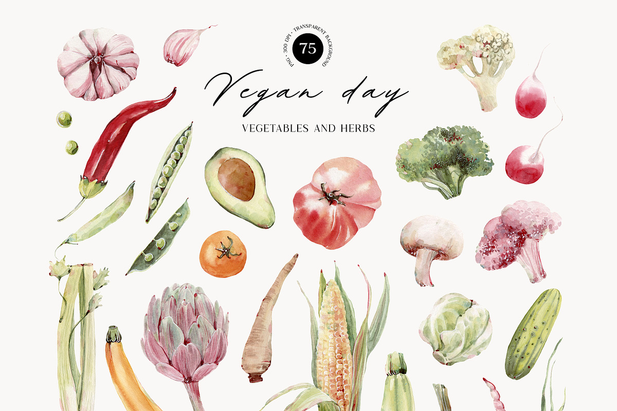 VEGAN DAY Watercolor set, a Food Illustration by Lemaris (Photo 2 of 10)