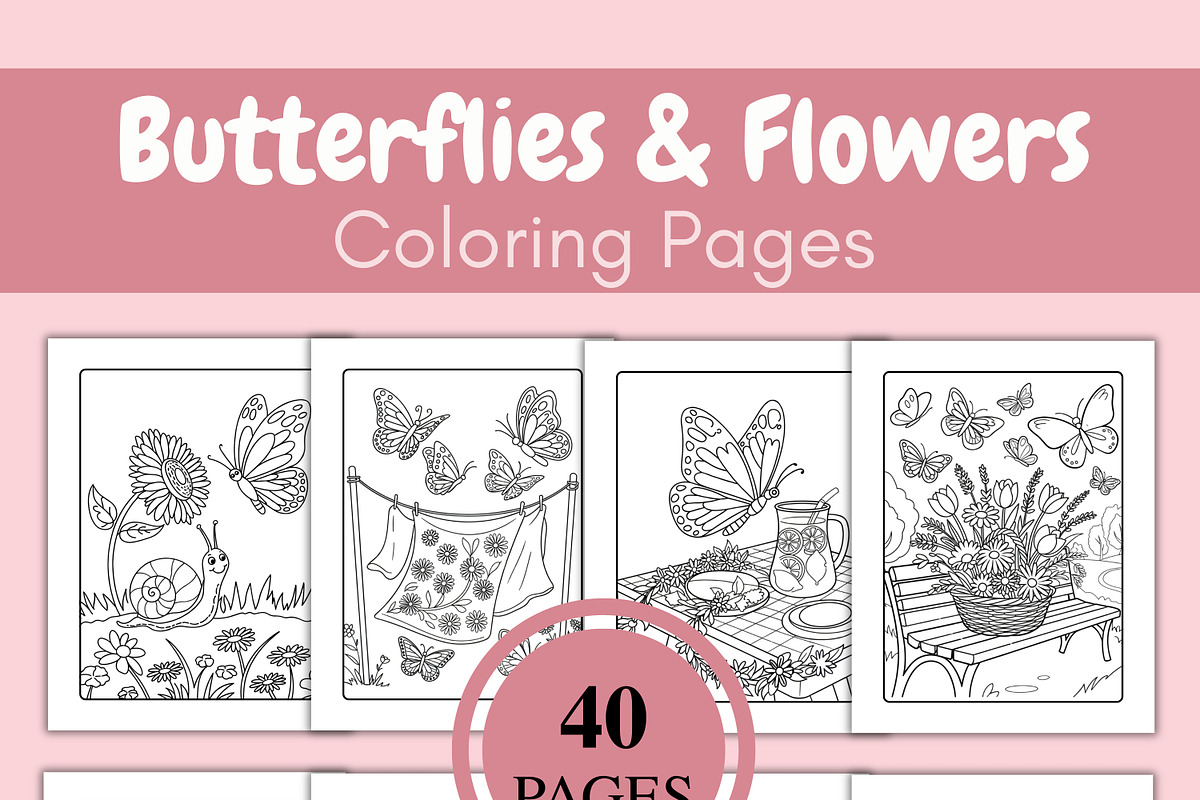 Butterflies & Flowers Coloring Pages, an Animal Illustration by SimoDigitalArt (Photo 2 of 5)