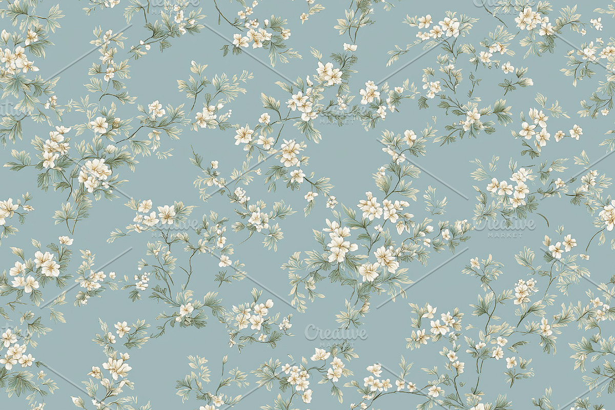 Seamless pattern chinoiserie floral pattern on dusty blue backgr, a Pattern Graphic by Anneleven