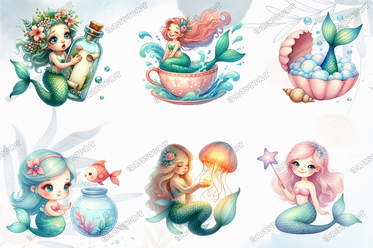 Cute Mermaid Watercolor Clipart, a Graphic by designcity5 (Photo 3 of 5)
