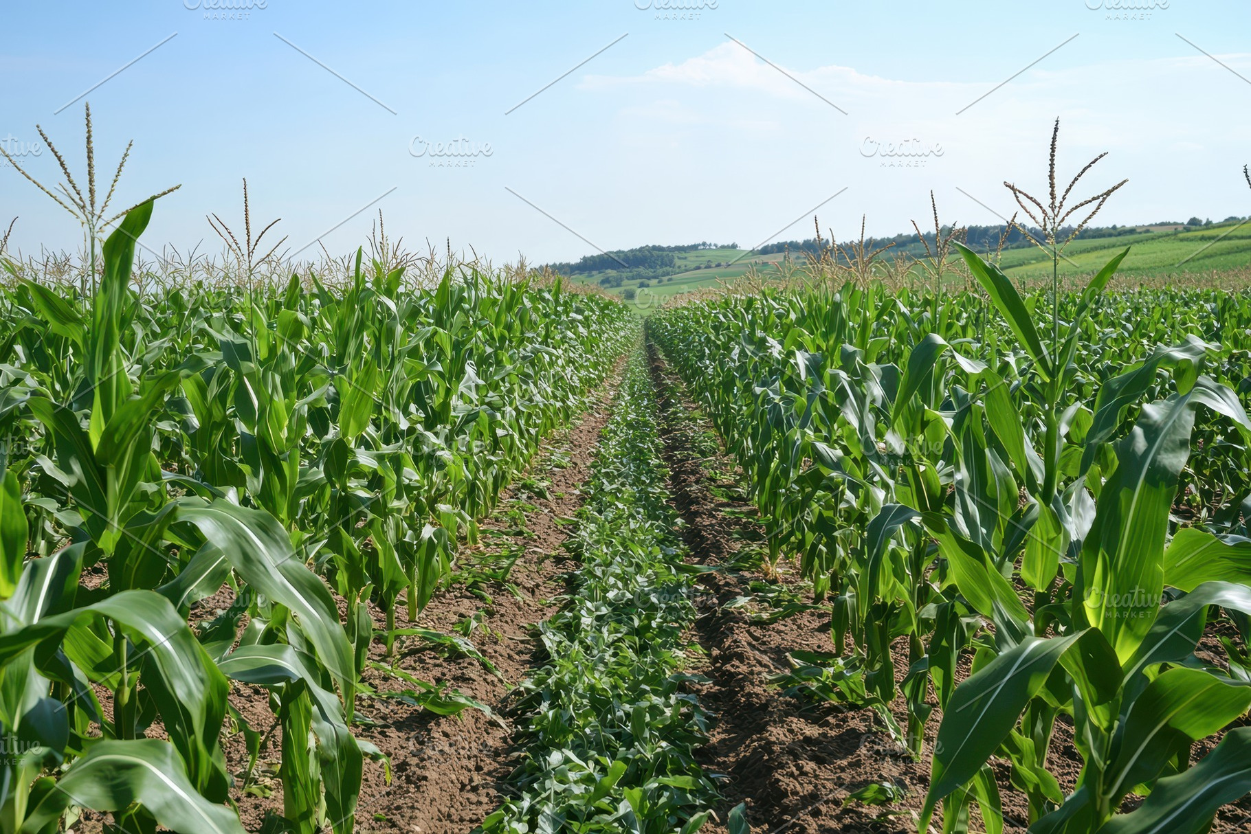 Corn cobs ripen in a lush corn plant, a Photo by Pavel_design