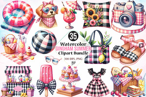 Watercolor Gingham Summer Clipart, a Seasonal Illustration by Canvas Craft