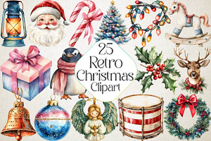 Watercolor Retro Christmas Clipart, an Illustration by DreamPrint404