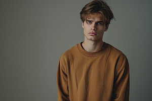 Young attractive man in sweatshirt on grey background, a Person Photo by AlyaAnd