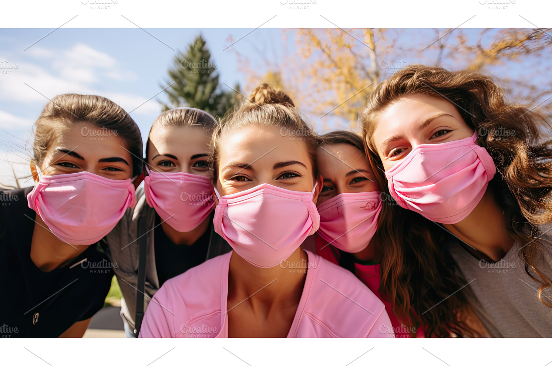 friends pink face mask ai generated, a Background Photo by pikepicture